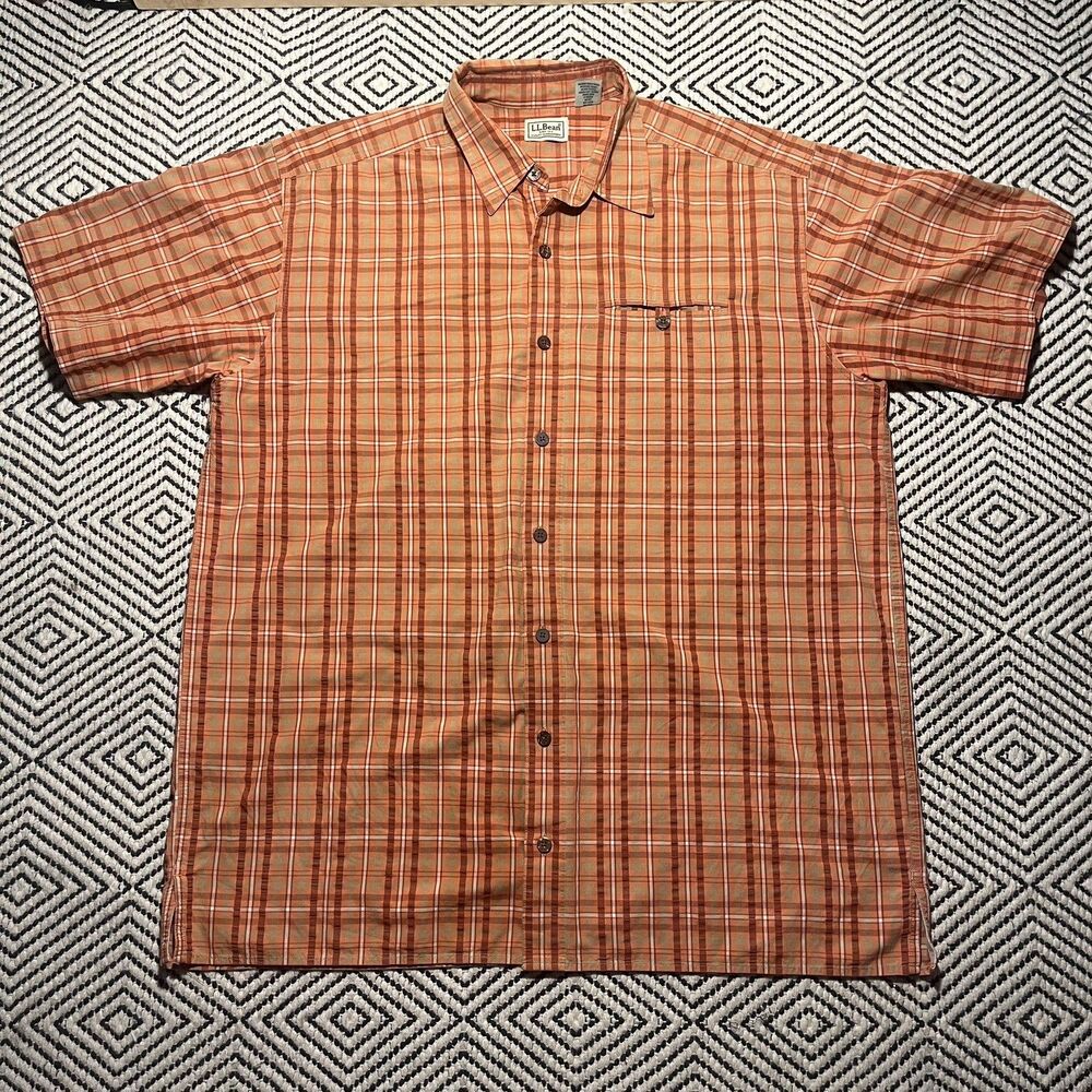 LL Bean Button Up Dress Shirt Mens Large Tall Orange Plaid